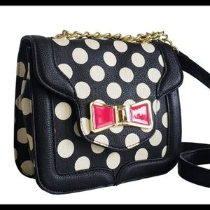 Betsey Jonhson Princess Polka Dot Black & Cream Crossbody Bag Purse Pink Bow